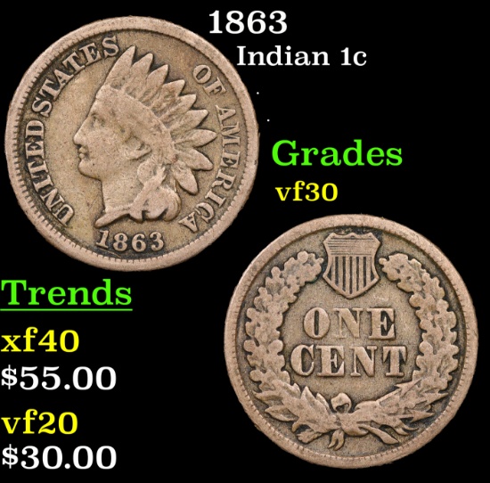 1863 Indian Cent 1c Grades vf++