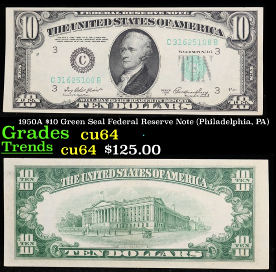 1950A $10 Green Seal Federal Reserve Note (Philadelphia, PA) Grades Choice CU