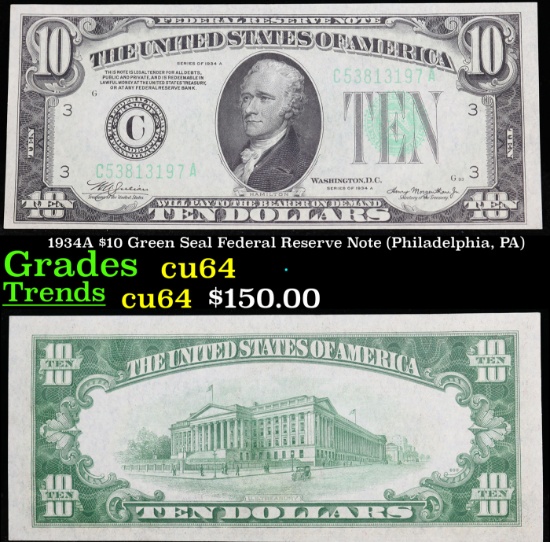 1934A $10 Green Seal Federal Reserve Note (Philadelphia, PA) Grades Choice CU