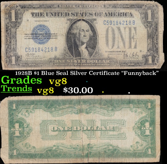1928B $1 Blue Seal Silver Certificate "Funnyback" Grades vg, very good