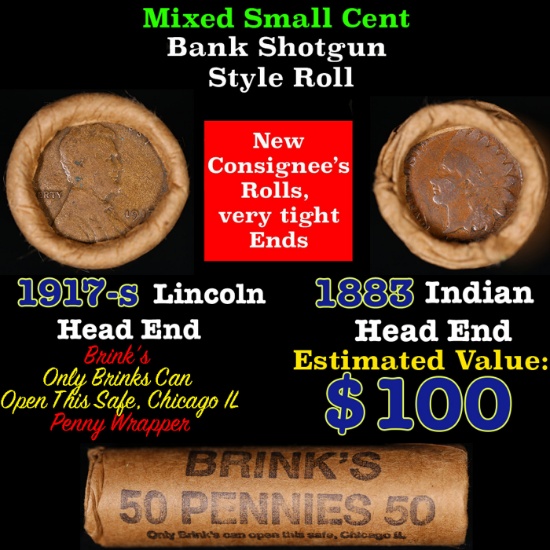 Mixed small cents 1c orig shotgun roll, 1917-s Wheat Cent, 1883 Indian Cent other end, Brinks Wrappe