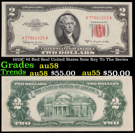 1953C $2 Red Seal United States Note Key To The Series Grades Choice AU/BU Slider