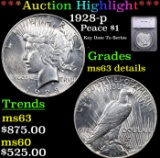 ***Auction Highlight*** 1928-p Peace Dollar $1 Graded ms63 details By SEGS (fc)