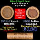 Mixed small cents 1c orig shotgun roll, 1917-d Wheat Cent, 1899 Indian Cent other end, Brinks Wrappe
