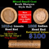 Mixed small cents 1c orig shotgun roll, 1919-s Wheat Cent, 1883 Indian Cent other end, Brinks Wrappe