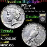 ***Auction Highlight*** 1921-p Peace Dollar $1 Graded BU+ By USCG (fc)