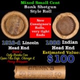 Mixed small cents 1c orig shotgun roll, 1916-d Wheat Cent, 1888 Indian Cent other end, Brinks Wrappe