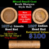 Mixed small cents 1c orig shotgun roll, 1917-s Wheat Cent, 1897 Indian Cent other end, Brinks Wrappe