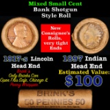 Mixed small cents 1c orig shotgun roll, 1917-s Wheat Cent, 1897 Indian Cent other end, Brinks Wrappe