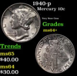 1940-p Mercury Dime 10c Grades Choice+ Unc