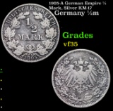 1905-A German Empire 1/2 Mark, Silver KM-17 Grades vf++