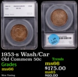 1953-s Wash/Car Old Commem Half Dollar 50c Graded ms66 By SEGS