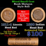 Mixed small cents 1c orig shotgun roll, 1911-d Wheat Cent, 1890 Indian Cent other end, Brinks Wrappe