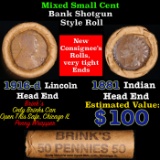 Mixed small cents 1c orig shotgun roll, 1916-d Wheat Cent, 1881 Indian Cent other end, Brinks Wrappe