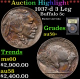 ***Auction Highlight*** 1937-d 3 Leg Buffalo Nickel 5c Graded Choice AU/BU Slider+ By USCG (fc)