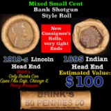 Mixed small cents 1c orig shotgun roll, 1919-s Wheat Cent, 1895 Indian Cent other end, Brinks Wrappe