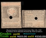 Massachusetts Colonial Currency May 5th, 1780 20 Dollars $8 Fr-MA284 Printed By Hall & Sellers Grade
