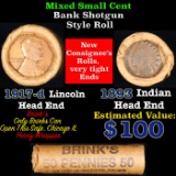 Mixed small cents 1c orig shotgun roll, 1917-d Wheat Cent, 1893 Indian Cent other end, Brinks Wrappe