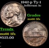 1942-p  Type I Jefferson Nickel 5c Grades GEM+ 5fs