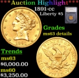 ***Auction Highlight*** 1891-cc Gold Liberty Half Eagle $5 Graded ms63 details By SEGS (fc)