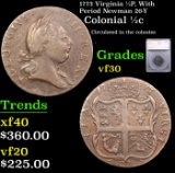 1773 Virginia 1/2P, With Period Colonial Half Cent 1/2c Newman 26-Y Graded vf30 By SEGS