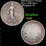 1916 France 1 Franc, Silver KM-844.1 Grades vg+