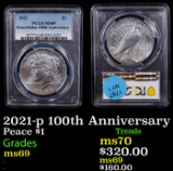 PCGS 2021-p Peace Dollar 100th Anniversary $1 Graded ms69 By PCGS