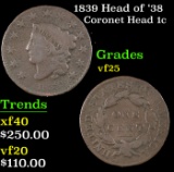 1839 Head of '38 Coronet Head Large Cent 1c Grades vf+
