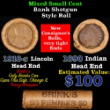 Mixed small cents 1c orig shotgun roll, 1916-s Wheat Cent, 1890 Indian Cent other end, Brinks Wrappe