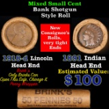 Mixed small cents 1c orig shotgun roll, 1918-d Wheat Cent, 1891 Indian Cent other end, Brinks Wrappe