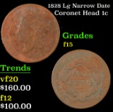 1828 Lg Narrow Date Coronet Head Large Cent 1c Grades f+