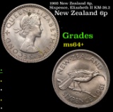 1960 New Zealand 6p, Sixpence, Elizabeth II KM-26.2 Grades Choice+ Unc