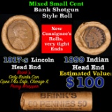 Mixed small cents 1c orig shotgun roll, 1917-s Wheat Cent, 1899 Indian Cent other end, Brinks Wrappe