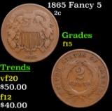 1865 Fancy 5 Two Cent Piece 2c Grades f+