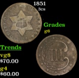 1851 Three Cent Silver 3cs Grades g+