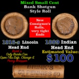 Mixed small cents 1c orig shotgun roll, 1916-s Wheat Cent, 1889 Indian Cent other end, Brinks Wrappe