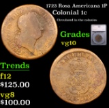 1723 Rosa Americana 1P Colonial Cent 1c Graded vg10 By SEGS