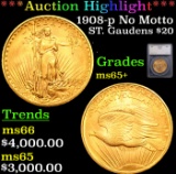 ***Auction Highlight*** 1908-p No Motto Gold St. Gaudens Double Eagle $20 Graded ms65+ By SEGS (fc)