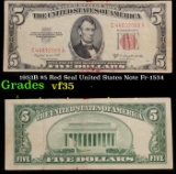 1953B $5 Red Seal United States Note Fr-1534 Grades vf++