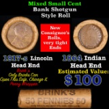 Mixed small cents 1c orig shotgun roll, 1917-s Wheat Cent, 1864 Indian Cent other end, Brinks Wrappe