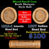 Mixed small cents 1c orig shotgun roll, 1916-d Wheat Cent, 1897 Indian Cent other end, Brinks Wrappe