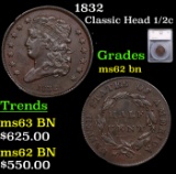1832 Classic Head half cent 1/2c Graded ms62 bn By SEGS