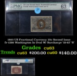 1863 US Fractional Currency 25c Second Issue fr-1286 Washington In Oval W/ Surcharge '18-63' 'S' Gra