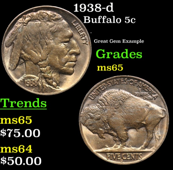 1938-d Buffalo Nickel 5c Grades GEM Unc