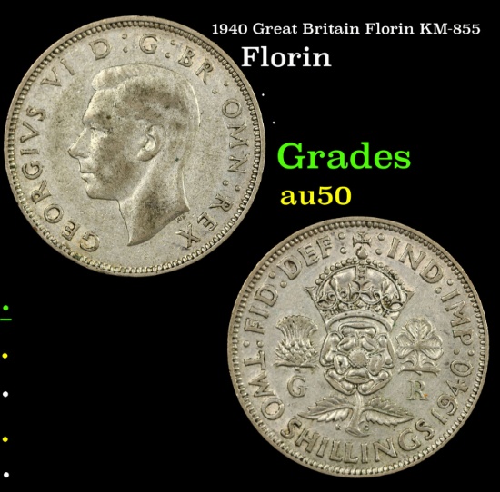1940 Great Britain Florin KM-855 Grades AU, Almost Unc