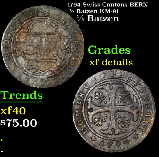 1794 Swiss Cantons BERN 1/2 Batzen KM-91 Grades xf details