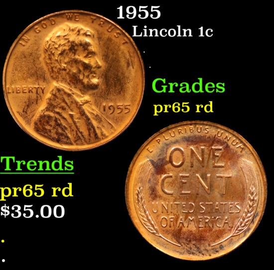 Proof 1955 Lincoln Cent 1c Grades Gem Proof Red