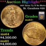 ***Auction Highlight*** 1907 Saint Ty II No Motto Gold St. Gaudens Double Eagle $20 Graded ms63+ By