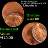 No Date Lincoln Cent Mint Error Struck 60% Off Center @ 4:00 1c Grades Select Unc RB