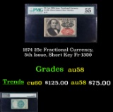 1874 25c Fractional Currency, 5th Issue, Short Key Fr-1309  Graded au58 By PMG